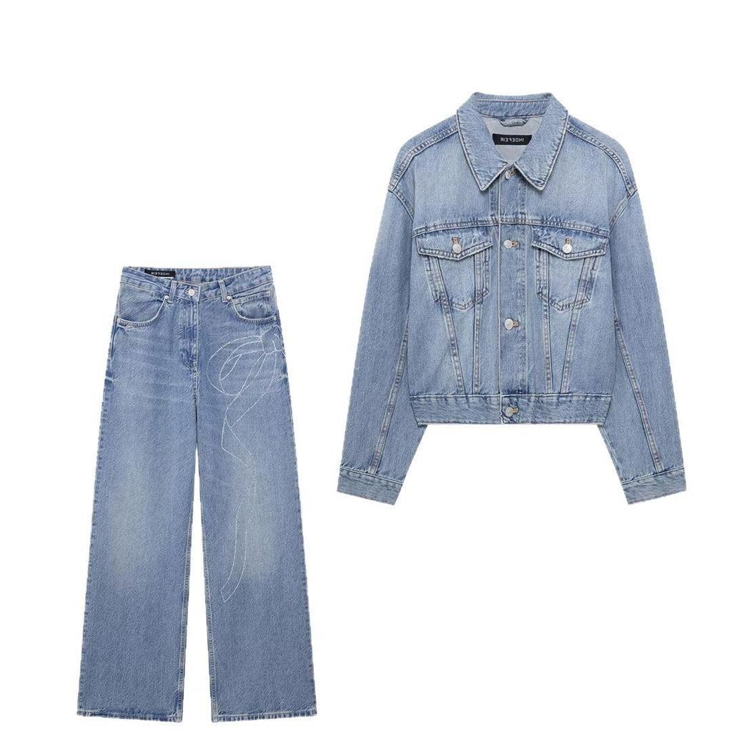 TAOP&ZA Spring/Summer Women's Commuter Denim Jacket with Turn-Down Collar and Long Pants