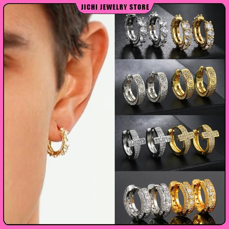Punk Rock Zircon Cross Small Hoop Earrings New Trendy Tiny Circle Cartilage Ear Buckle Piercing Zircon for Women Men