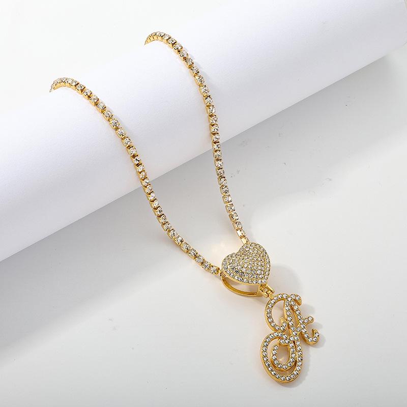 26 Flower Letter Necklace: Hip Hop Heart Pendant with Full Diamond Inlaid Tennis Chain for Women