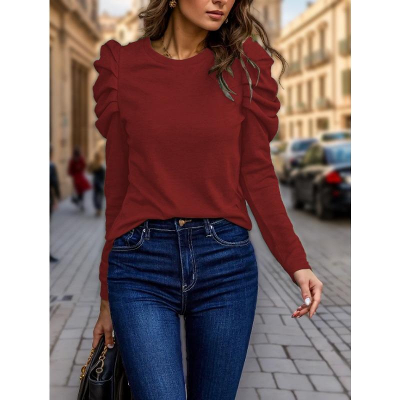 Women S Long Sleeve Puff Sleeve Crew Neck Solid Color Casual T Shirt