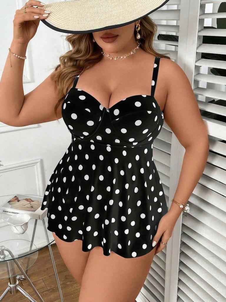 2026 Women's Plus Size Polka Dot Push-Up Swimsuit Skirt - Tummy Slimming, Multi-Color