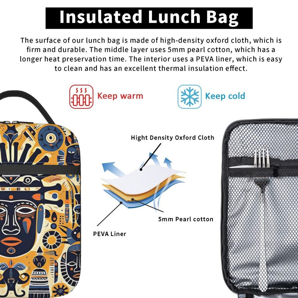 Bronze Cartoon Tribal Gesicht Isoliert Lunchtasche für Frauen Kinder Tragbar Lebensmittelboxen Thermische Lunchbox Tragetasche