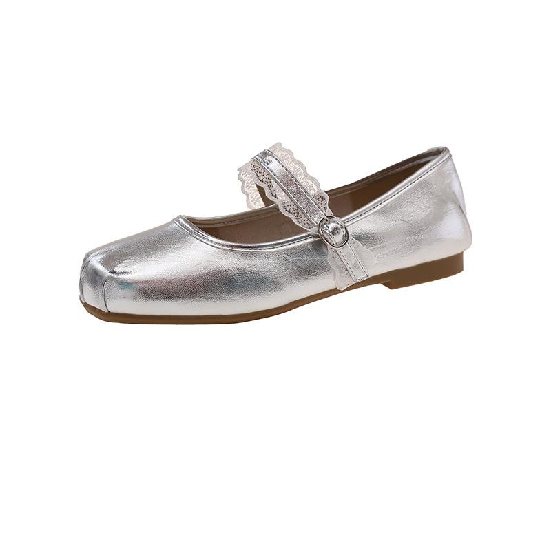 Lace Belt Shallow Mouth Versatile Ballet Mary Jane Shoes 2025 New Spring and Autumn French Square Head Flat Bottom Casual Shoes