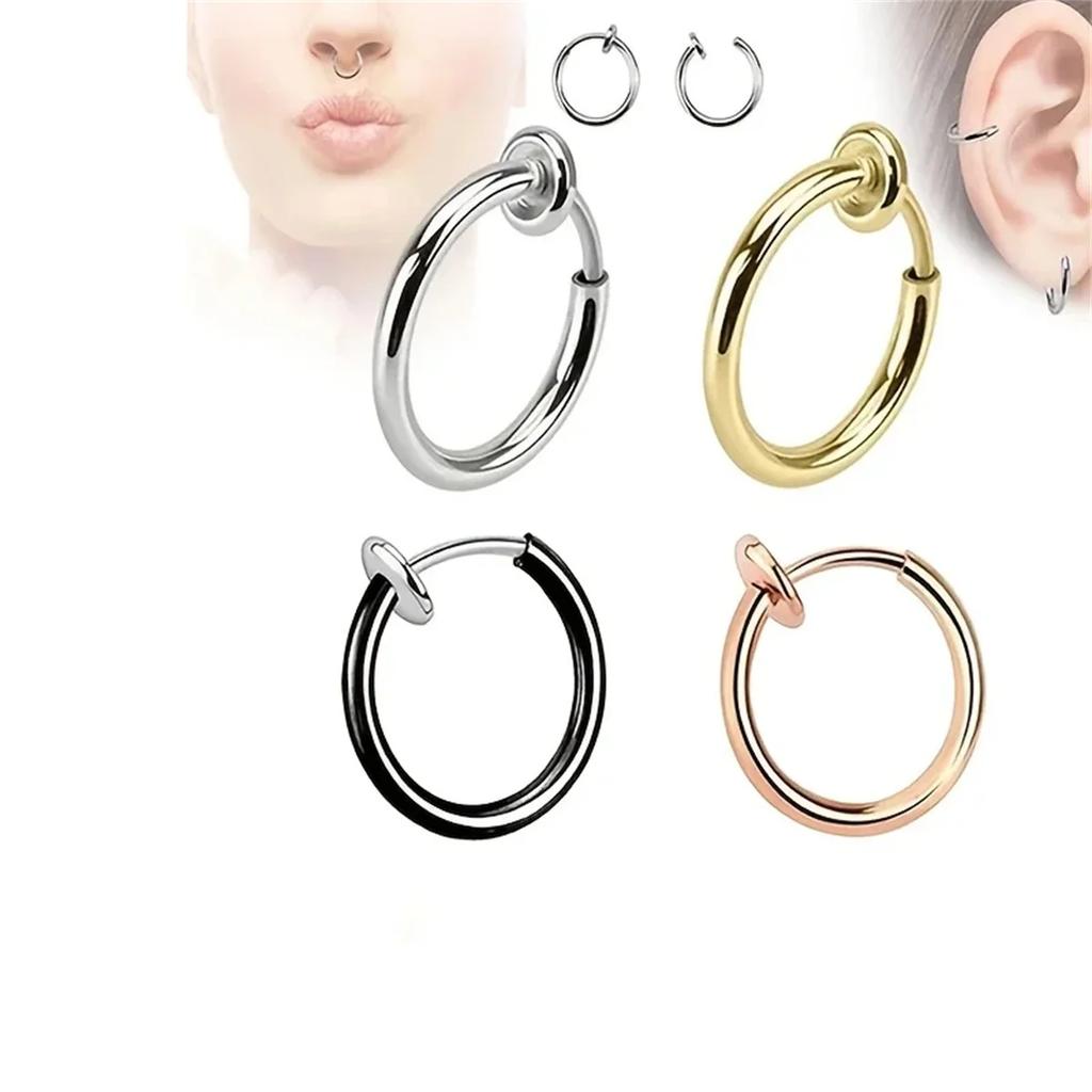 2pc/set Fake Nose Ring Hoops, Clip On Ear Fake Septum Ring Non Piercing Spring Hoop Earrings Lip Ring Fake Cartilage Earrings