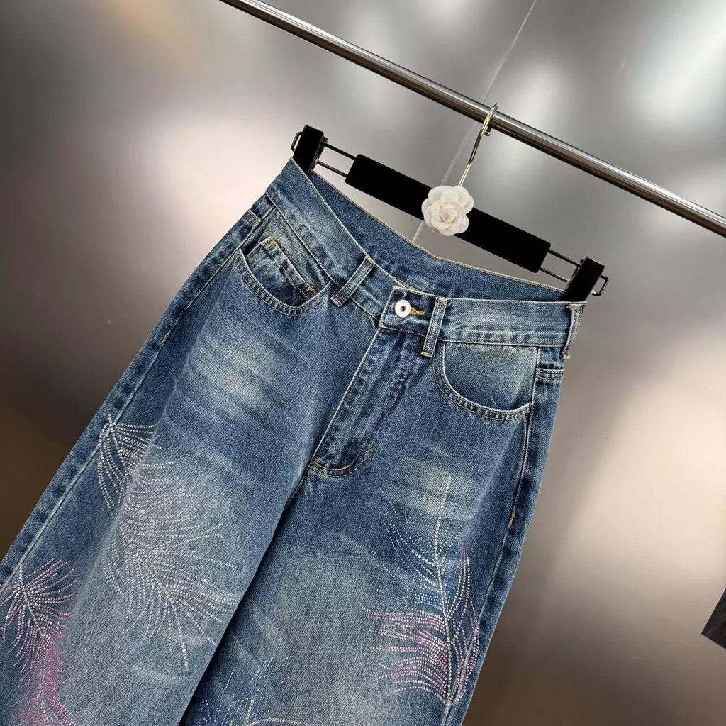 2025 Spring/Summer Women's French Retro Feather Rhinestone Straight Wide-Leg Denim Jeans
