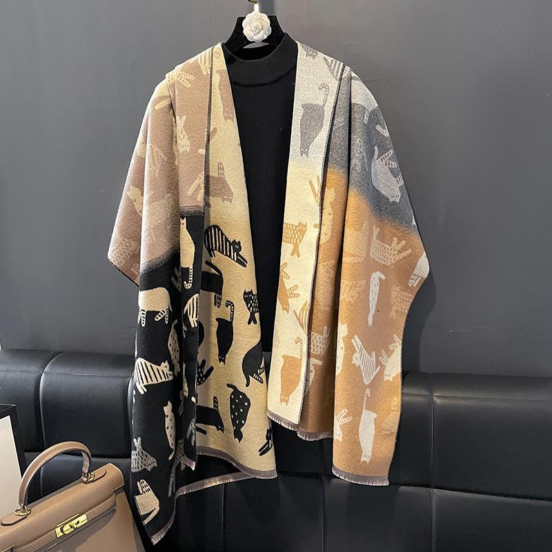 Scarf female retro autumn and winter versatile color matching cartoon cat long thickened warm imitation cashmere shawl