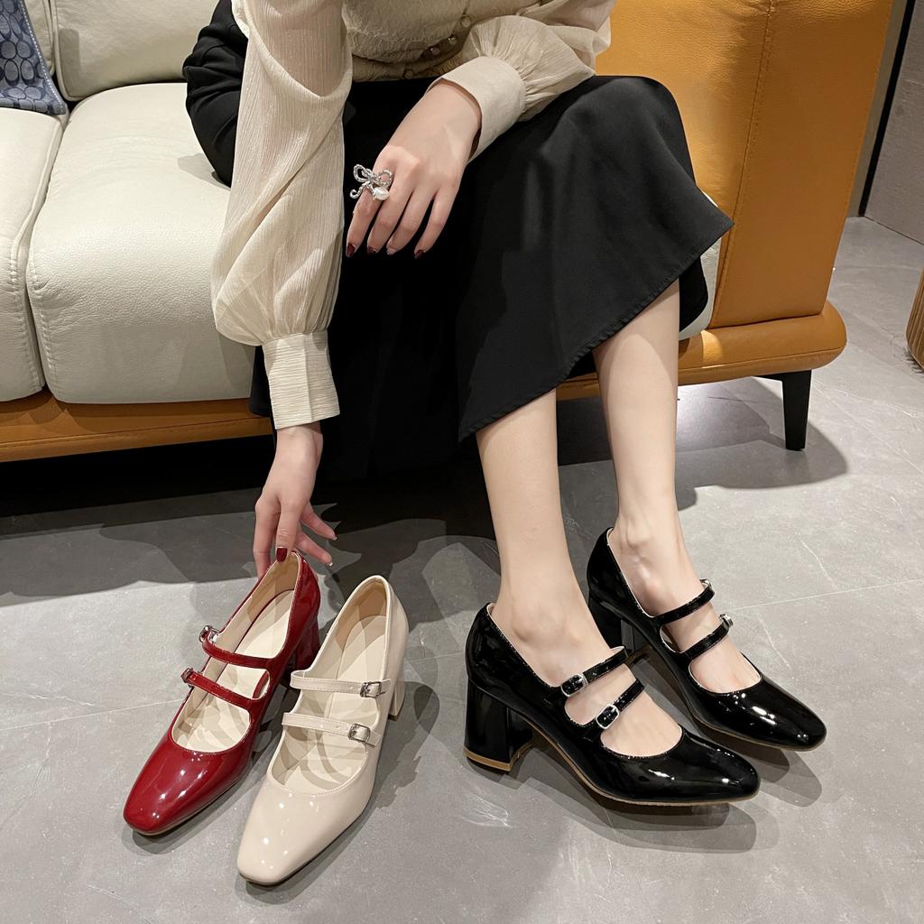 New high heels women's autumn and winter Mary Jane small square head nude retro thick heel  shoes French small leather shoes