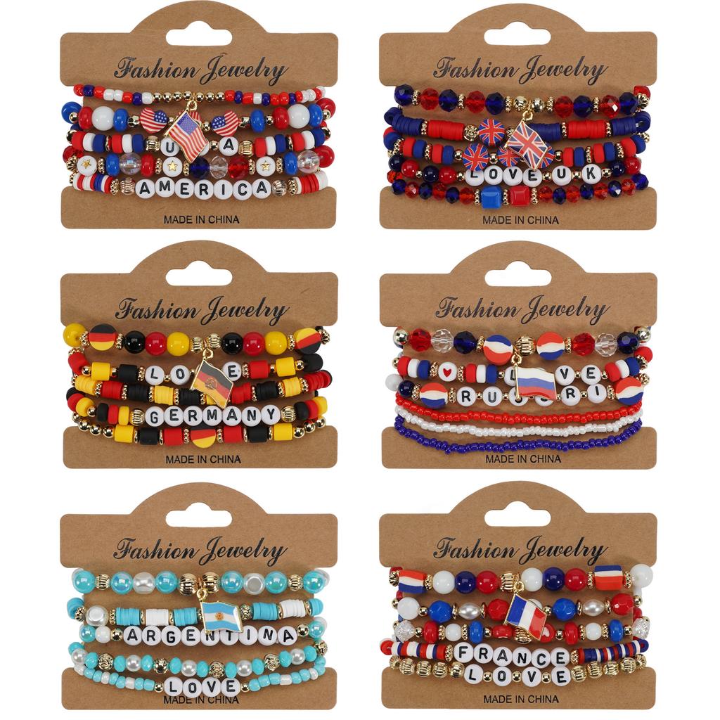 Country Flag Beaded Bracelet Set Multilayer Elastic Jewelry for Fans