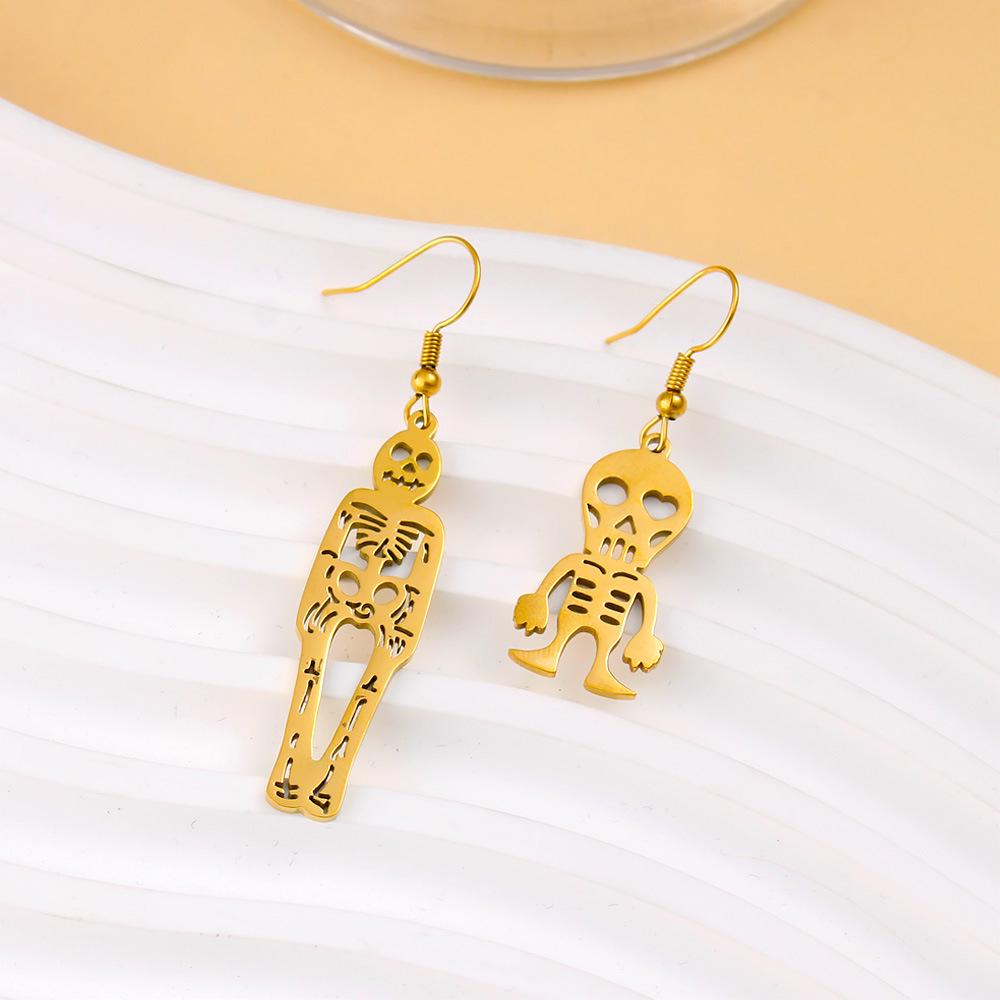 Creative Halloween Skull Skeleton Asymmetrical Dangle Earrings - Stainless Steel, Colorfast, Fashionable