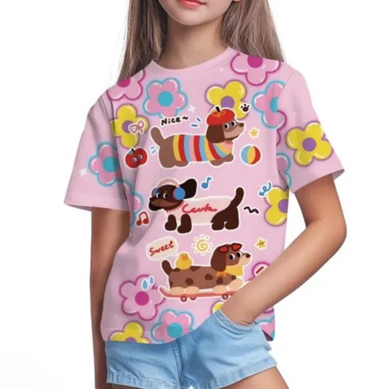 Children's Cartoon Sausage Puppy Print Cute Multi-color T-shirts Girls Fashionable Soft Comfortable T-shirt