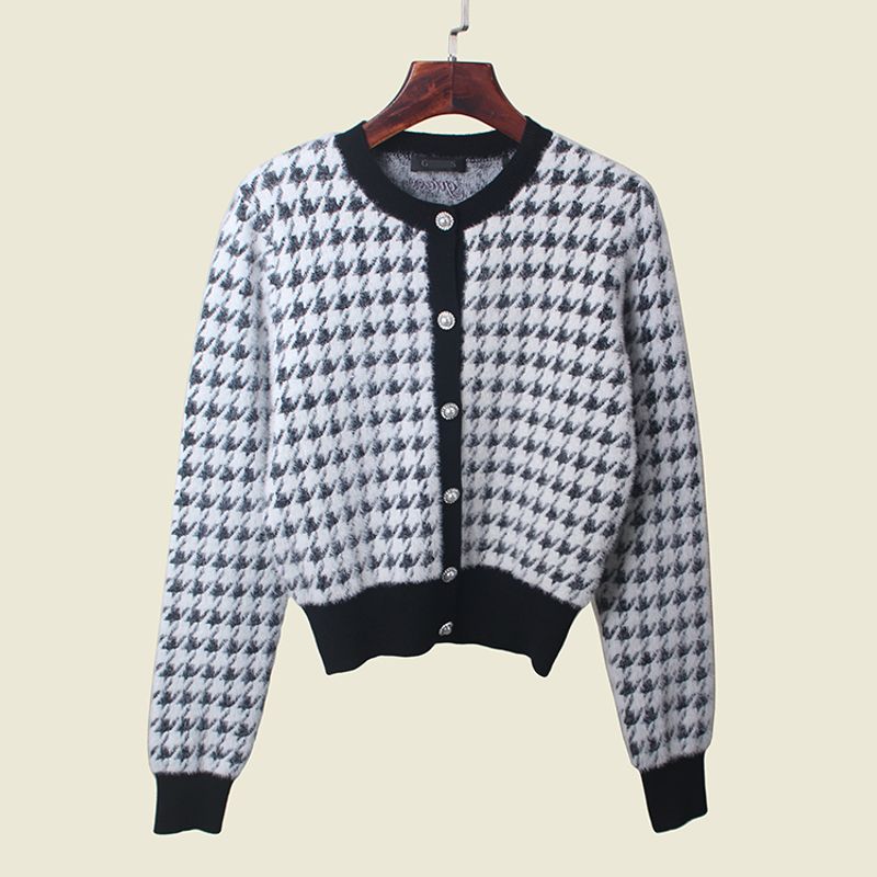 American Brand G Home Mink-like Wool Long Sleeves Cardigan Export round Neck Classic Style Houndstooth Women's Sweater Outwear