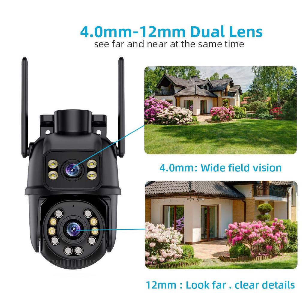 iCSee Dual-Lens HD WiFi Outdoor Surveillance Camera with Gun-Ball Linkage, Waterproof Design