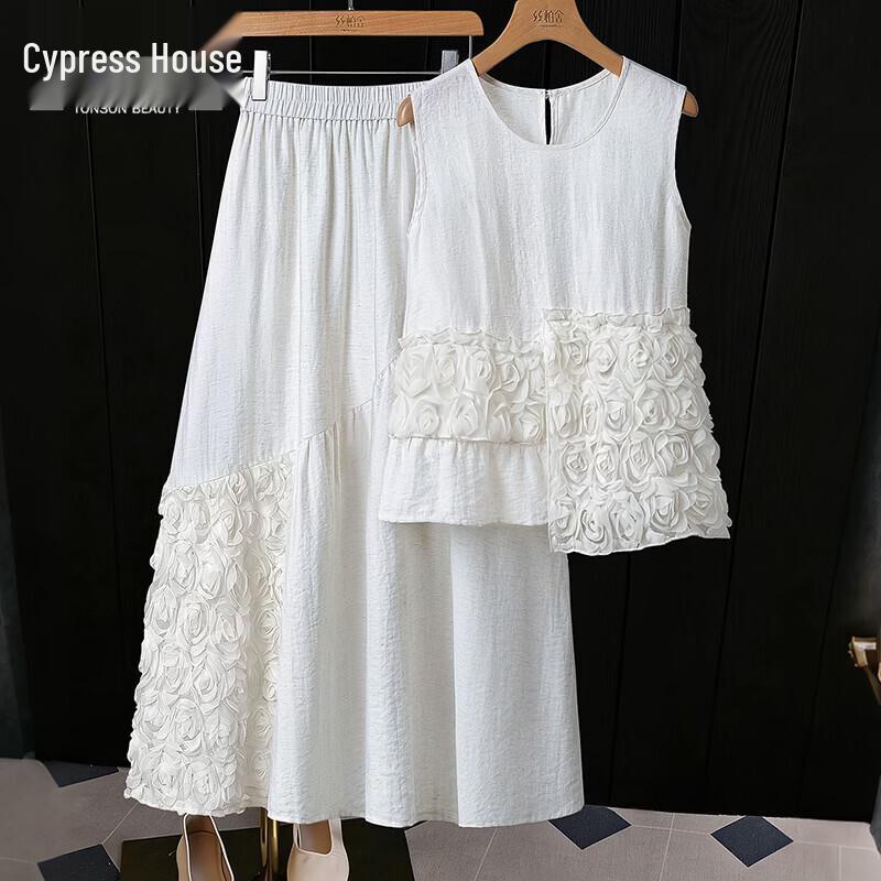 Women s Linen Blend Round Neck Top and Skirt Set S