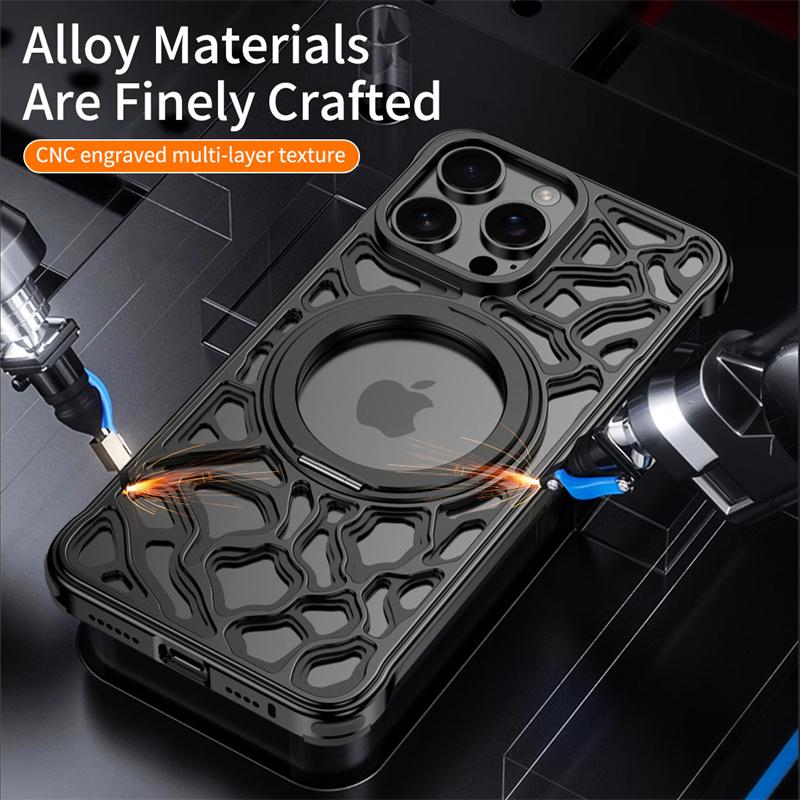 Luxury Metal Alloy Phone Case For iPhone 16 15 17 Pro Max 360°Rotating Bracket Magsafe Lens Protect Shockproof in-vehicle Cover