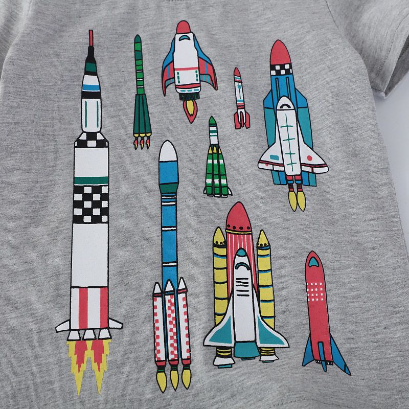 European and American Children's Short-Sleeved Clothing 2025 Summer New Gray Boys' Tops with Rocket Print Pattern Factory Wholesale