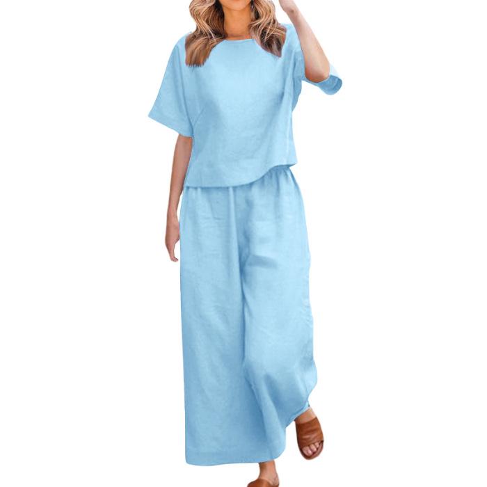 2025 Blue Plus Size Women's Short-Sleeved Two-Piece Casual Fashion Suit - European & Southeast Asian Style