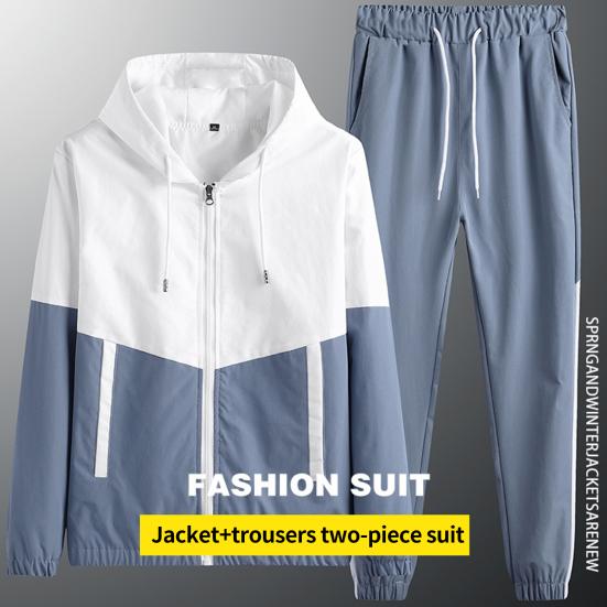 2 Pcs/Set Spring Coat Pants Set Drawstring Hooded Elastic Waist Contrast Color Zipper Warm Young Style Pockets Coat Trousers Suit Jogging Clothes