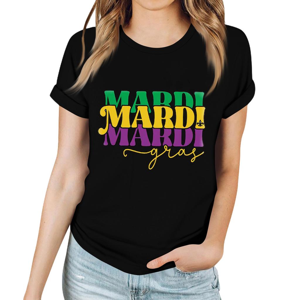 Women's Casual Carnival Print T-Shirt Round Neck Pullover Short Sleeve Top