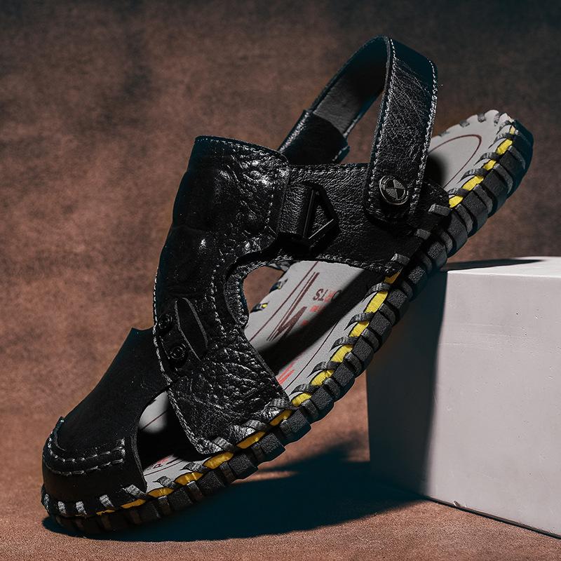 Large size sandals men's hand-sewn breathable casual beach shoes men's soft-soled crocodile pattern Roman sandals