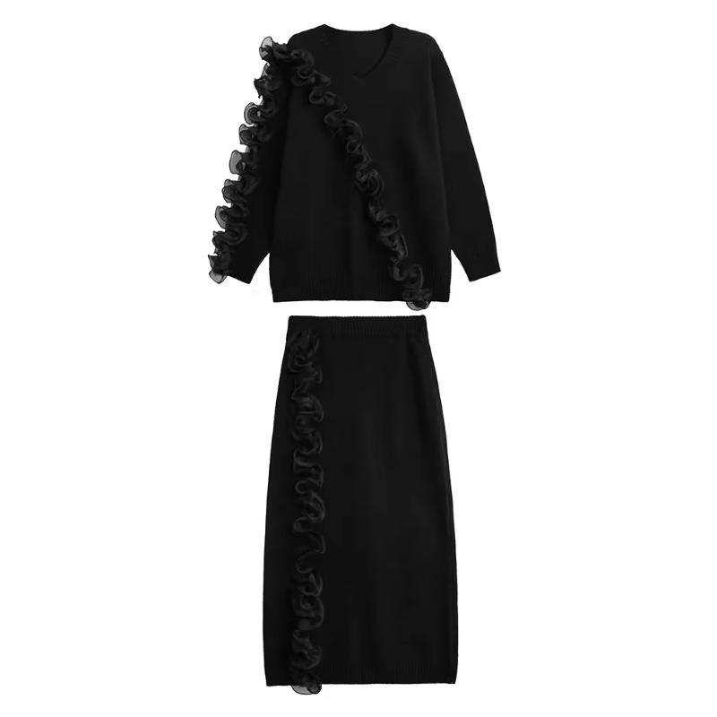 

Xitao Свободный трикотажный комплект из двух предметов с V-образным вырезом GMM1292 One Size чёрный