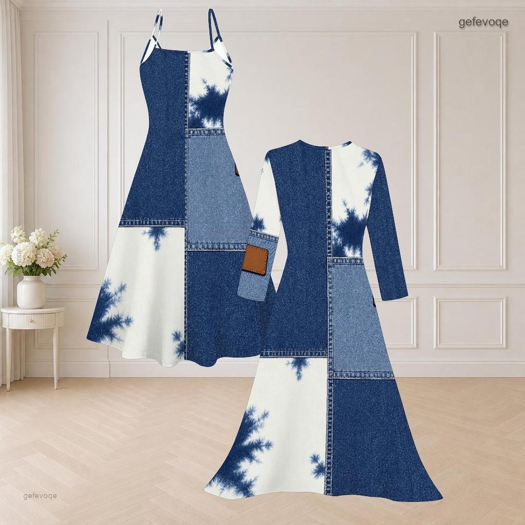 Women Plus Size Two Piece Set Abstract Printed V Neck Strappy Flared Dress Three Quarter Sleeve Long Open Front Cardigan Blue White Beige