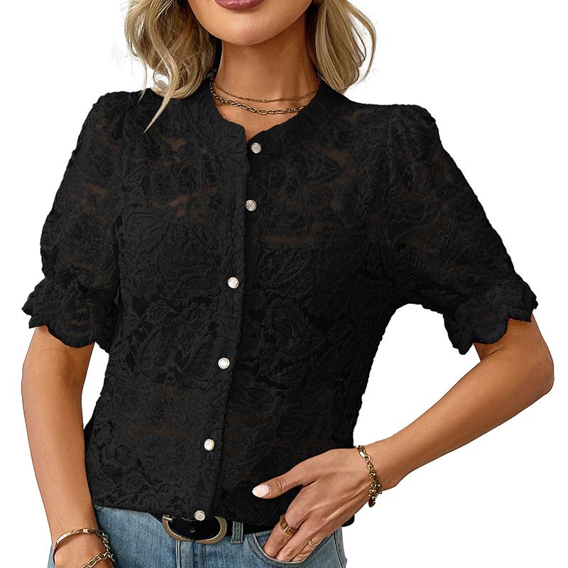 Ladies Summer Short Sleeve O Neck Lace Hollow Breathable Button Shirt Top