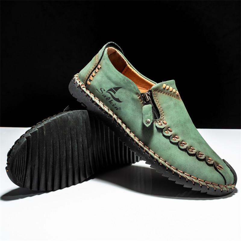 Retro Leather Casual Shoes For Man Green Suede Loafers Big Size 48 Quality Handmade Sewing Flat Shoes Man Driving Shoes Moccasin