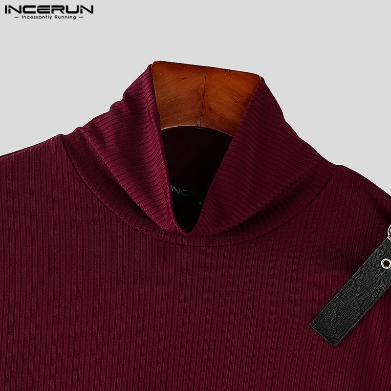 INCERUN Men Turtleneck Long Sleeve Patchwork Irregular Thin Rib Tops Undershirts
