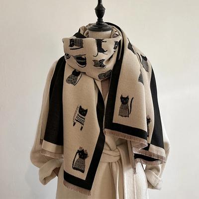 New Fashion Cute Cat Ladies' Jacquard Pashmina Cashmere Scarf Winter Thick Warmth Shawl Coldproof Windproof Blanket Scarf