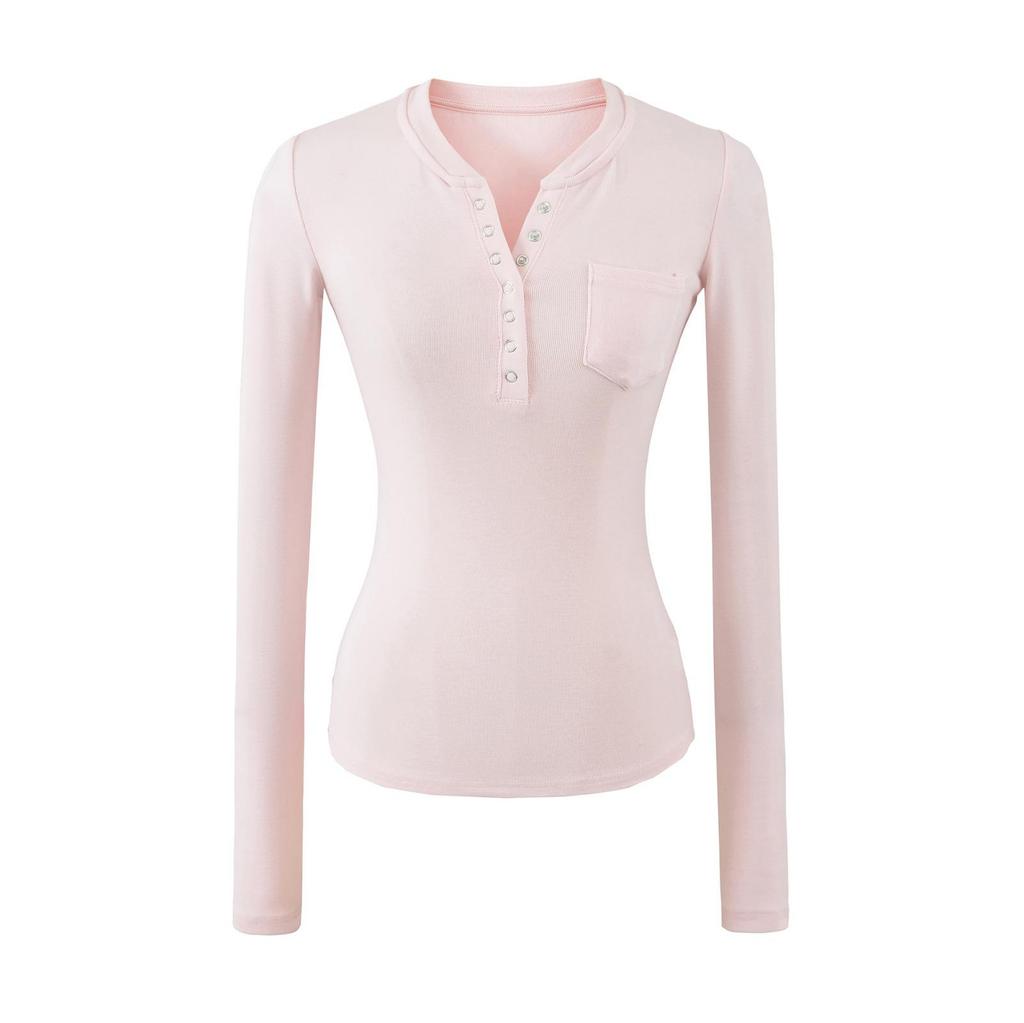 Women's Spicy American Button-Down Stand-Up Collar Faux Cashmere Slim Fit Base Layer Long Sleeve Top for Fall/Winter