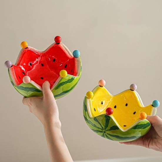 Fruit Plate And Fruit Fork Set Ceramic Watermelon Bowl with Stainless Steel Fork Multipurpose Kitchenware for Fruit Dessert Snacks