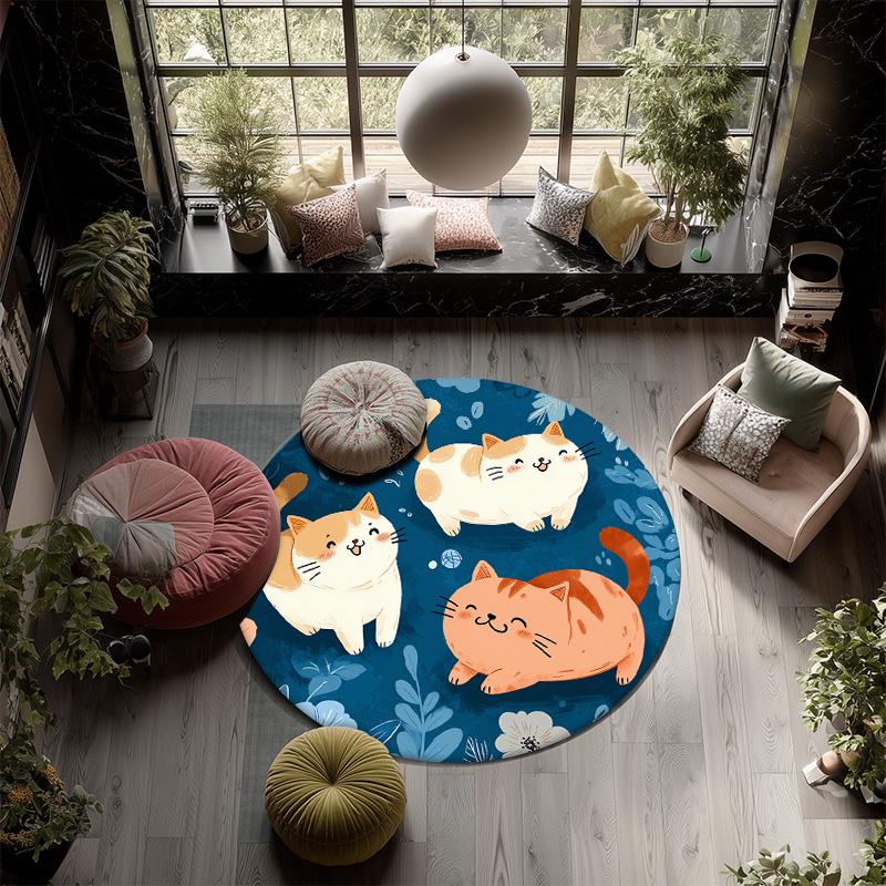 Flat Style Cat,Round Area Rug,Carpet Rug for Living Room Bedroom Sofa Playroom Decor,Non-slip Floor Mat