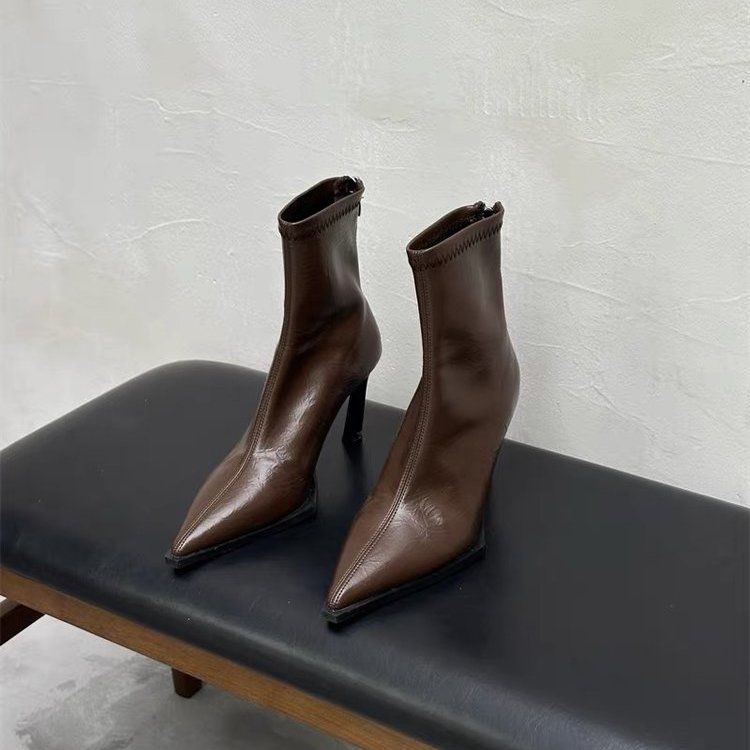 Feeling Retro Black Thin Heel Mid Boots Pointed Women's Shoes Thin Boots Winter Short Boots Women's Senior