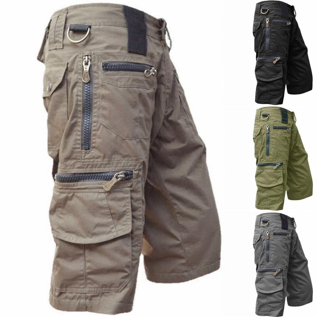Men's Cargo 3/4 Pants - Vintage Loose-Fit Multi-Pocket Work Shorts