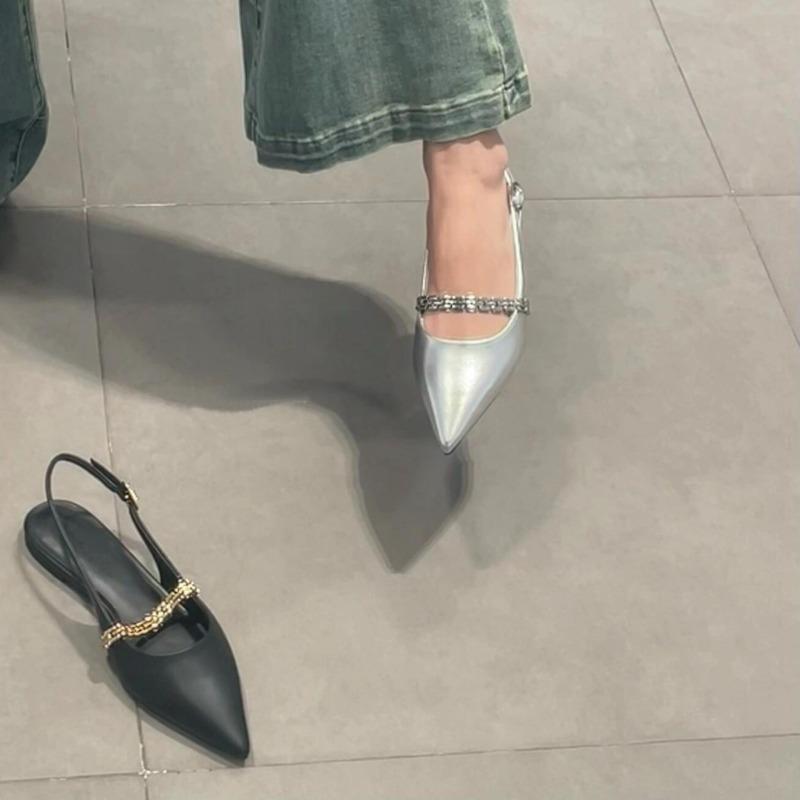 [] Mary Jane Single Shoes Women's Summer New Pointed Flat Bottom Metal Chain Sandals