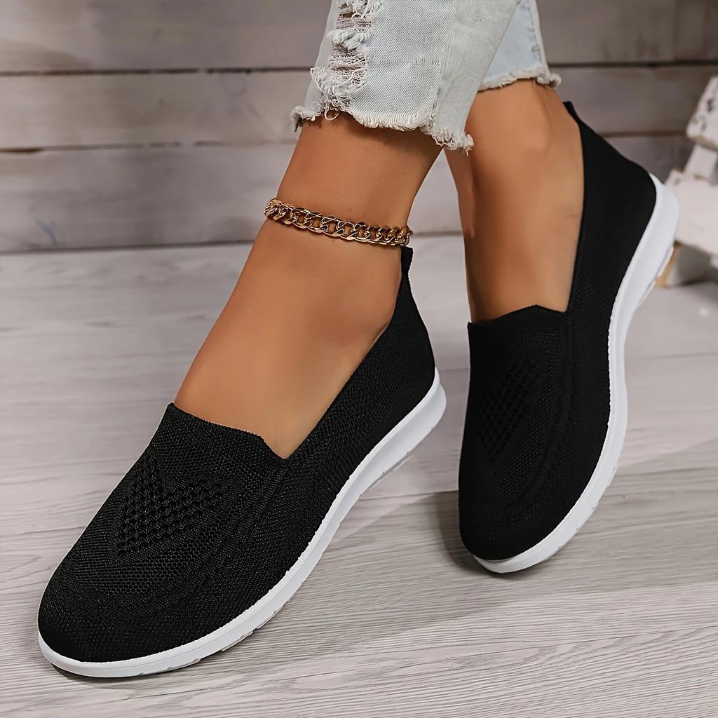Women's Solid Color Knitted Sneakers, Soft Sole Lightweight Slip On Walking Shoes, Low-top Breathable Daily Footwear Plus Size
