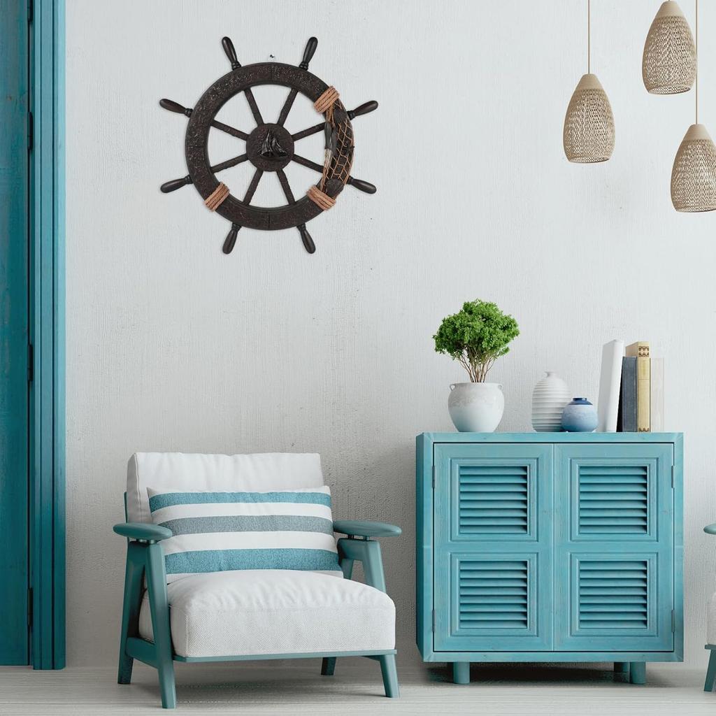 Nautical Wheel Decor Rustic Boat Steering Wheel Fishing Net Wall Sculpture Rudder Hanging Ornament Mediterranean Style Nautical Captain Rudder for