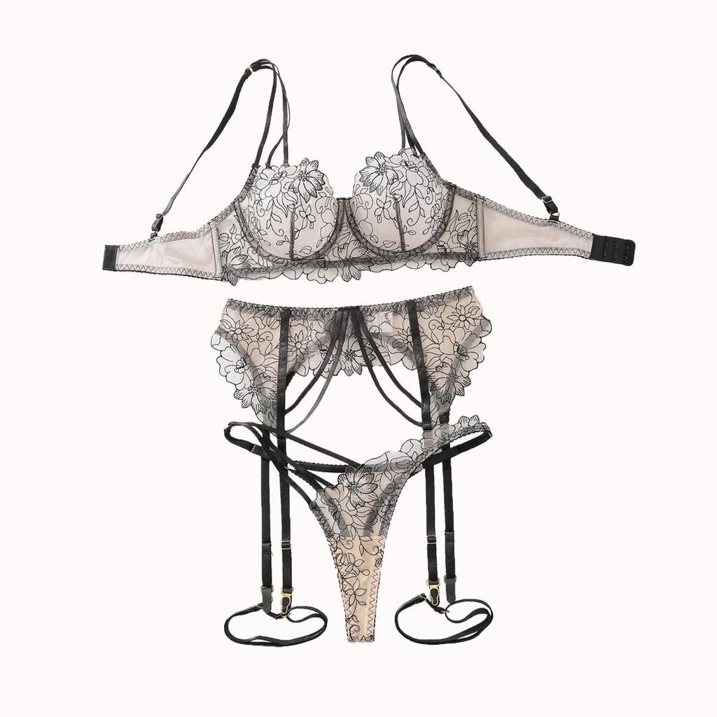 Sexy Sheer Lingerie Set for Women Floral Embroidery Multi-strap Bra Set Adjustable Split Lingerie Set