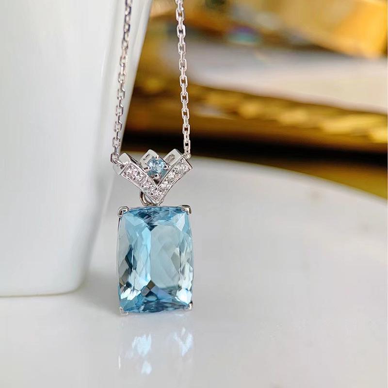 S925 Sterling Silver Luxury Blue Aquamarine Clavicle Necklace, 2021 Design