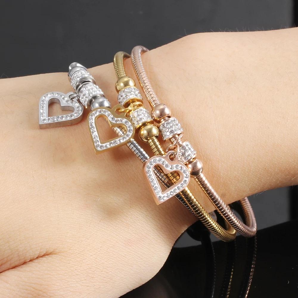 New Style Heart Crystal Charm Bracelet Bangles Magnet Clasp with Snake Chain 316L Stainless Steel Women Wedding Jewelry