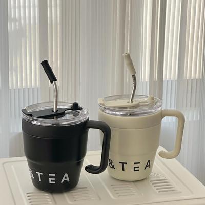 Kaffeebecher aus Edelstahl mit Henkel und Strohhalm - Schlichtes & stilvolles Design für Männer und Frauen