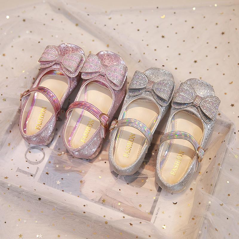 Chaussures de princesse pour filles, petites chaussures en cuir avec nœud en strass, roses, mignonnes, à fond souple, simples, sophistiquées, généreuses et élégantes pour filles