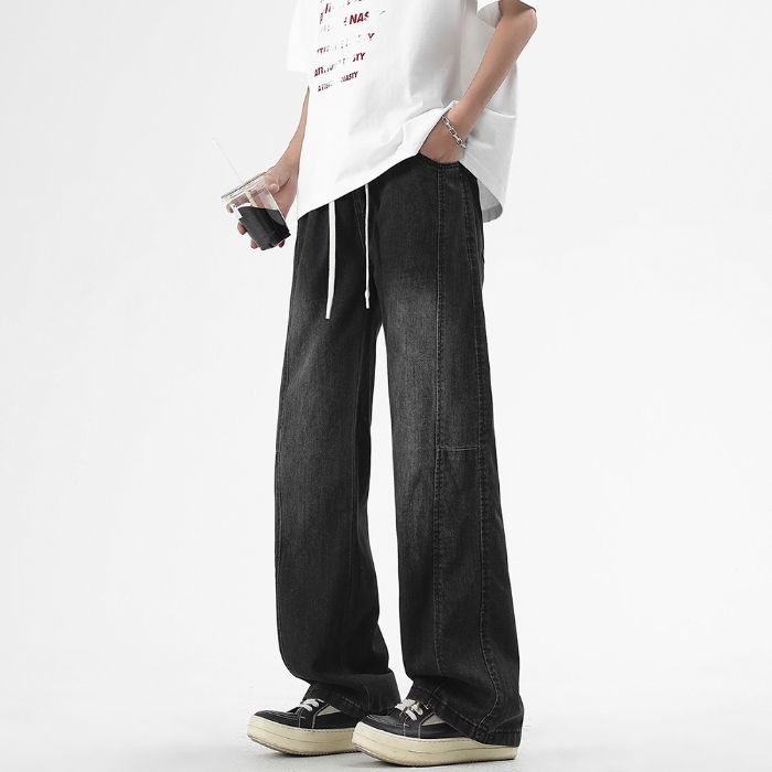 Three-bar Jeans with Loose Draping Style High Street Mopping Trousers