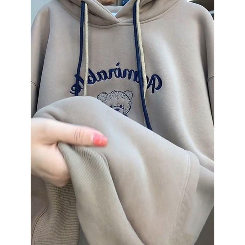 Herbst Winter Samt Verdickt Warm Bärenprint Stickerei Locker und Vielseitig Kapuzenpullover Langarm Damen Pullover
