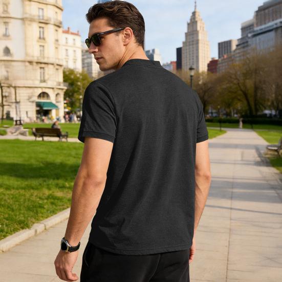 Men Quarter Button T-Shirt Solid Color Short Sleeve Band Collar Summer Tee Loose Fit Tee Shirt with Chest Pocket for Street Holiday Beach