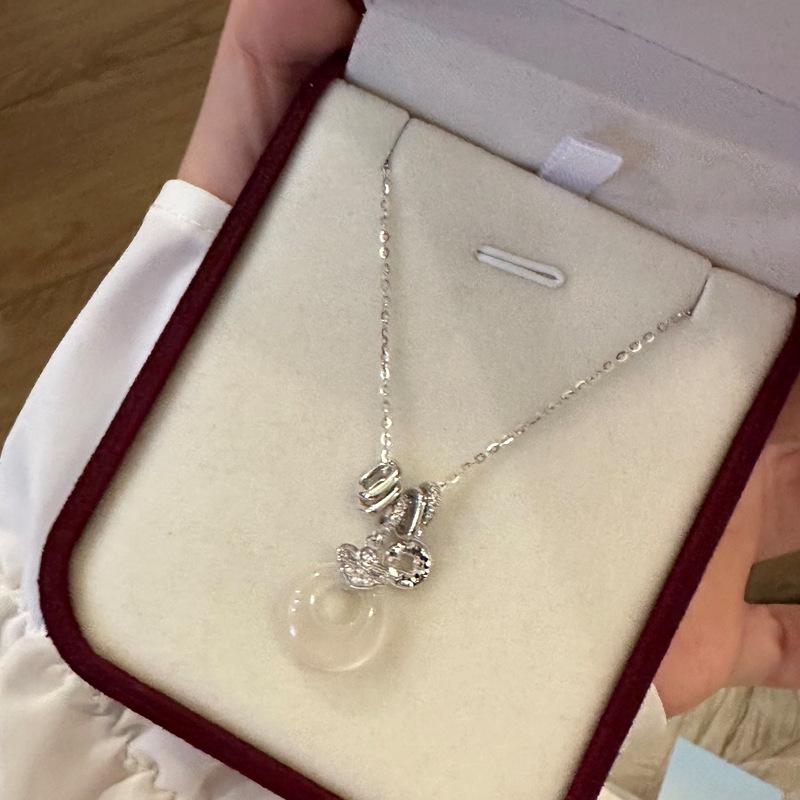 S925 Sterling Silver White Chalcedony Ruyi Necklace with Diamond Inlay Silver Chalcedony Necklace