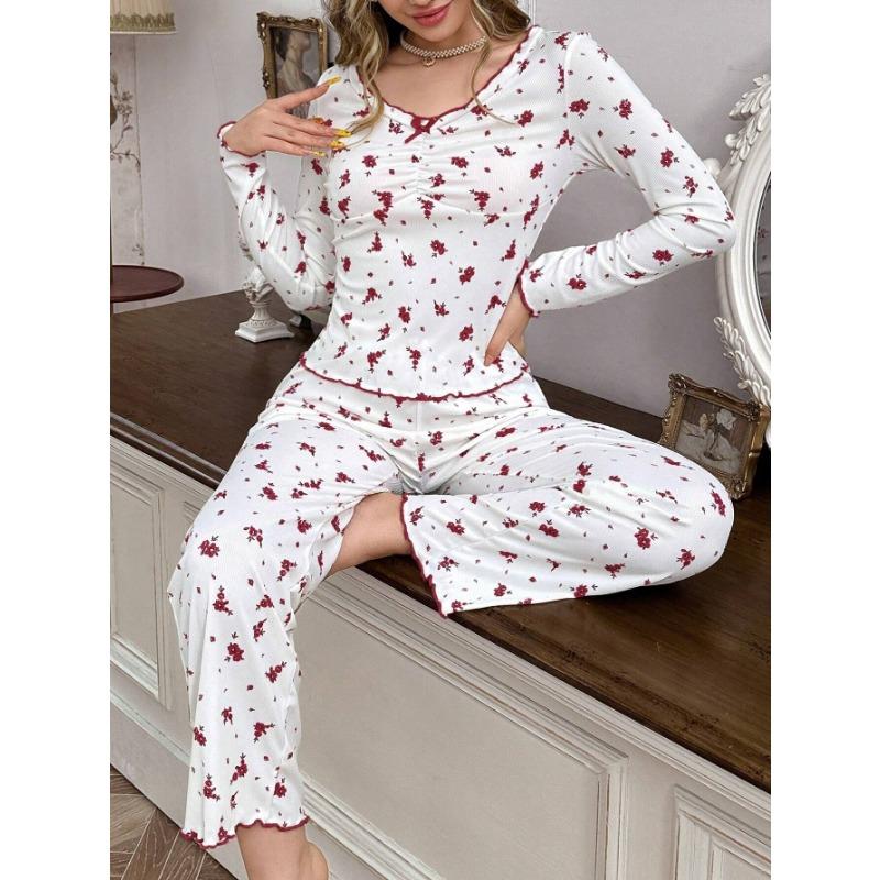 European American Style Sexy Casual Long Sleeve Long Pants Two Piece Pajama Set For Women