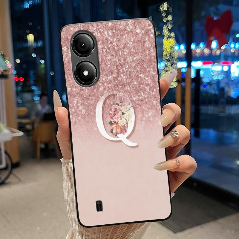 Exclusive Initial Letter With Flower Phone Case For ZTE Blade A33s Soft Silicone Black Case ZTE Blade A33s Anti-scratch Casing