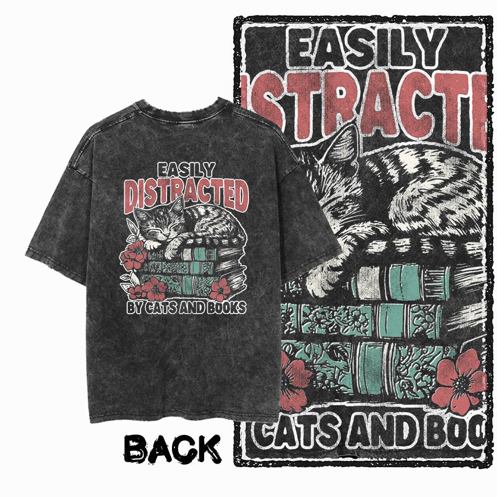 G Back Print Acid Washed Cotton oneck Cat Graphic Unisex Tshirt Streetwear Big Size Cool Vintage Unisexs Tee Tshirt