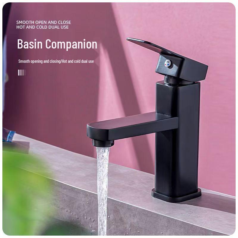 Stainless Steel Square Basin Faucet – Hot/Cold Single Hole for Bathroom Cabinet
